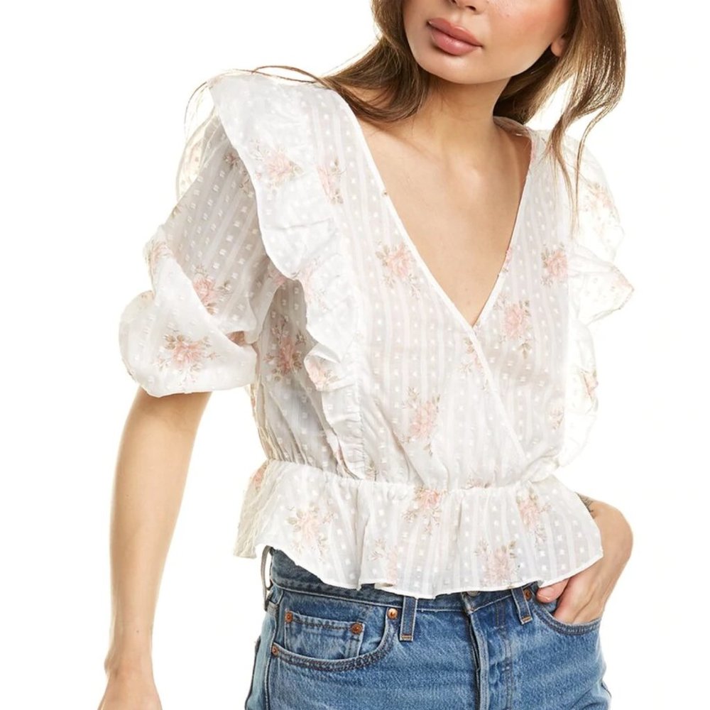 BCBG Ruffle Floral Swiss Dot Top